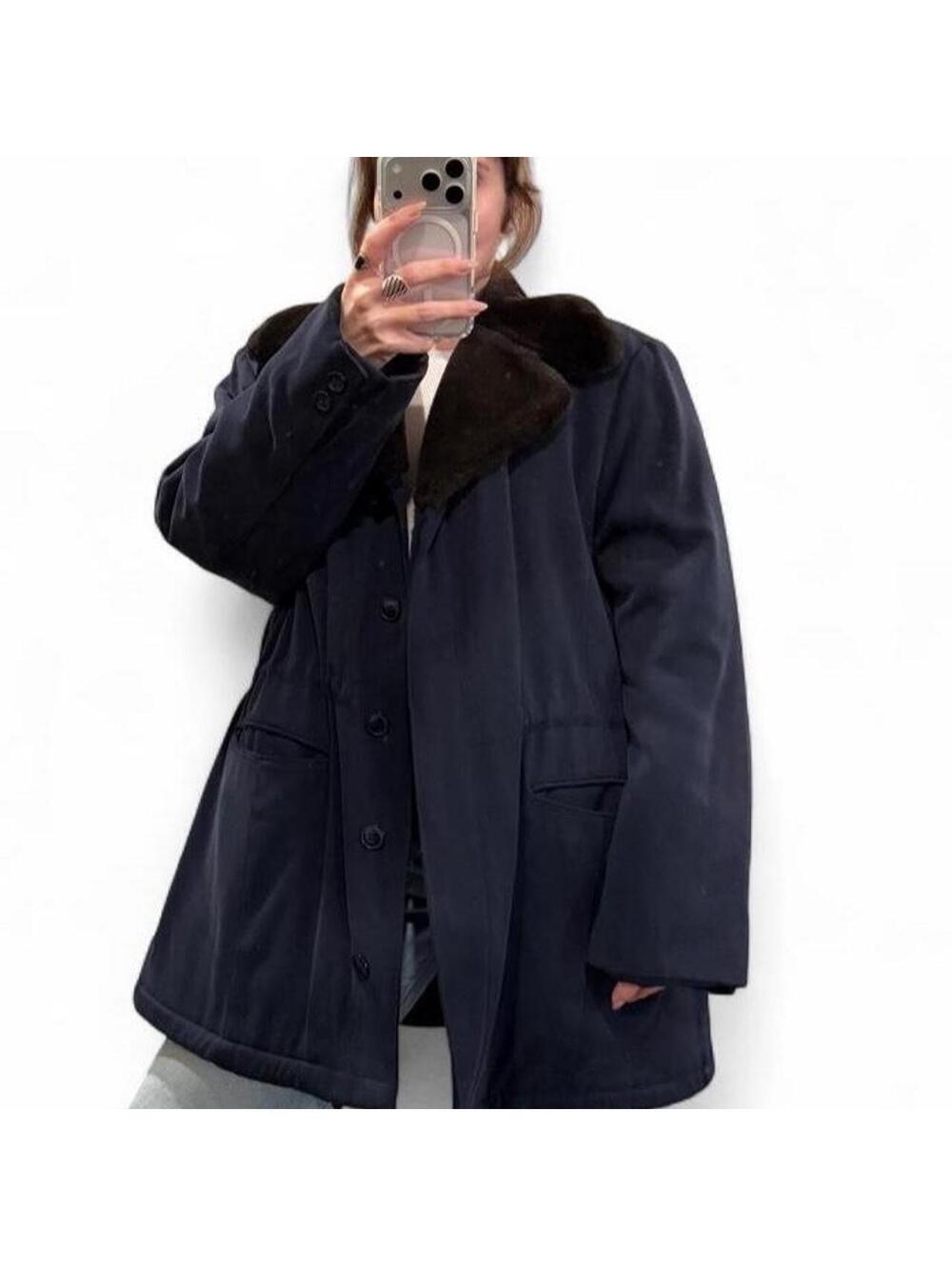 Vintage Jones New York Faux Fur Collar Navy Winter Coat